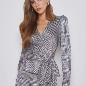 Women L’AGENCE Tops | L’Agence Bensen Wrap Blouse W/Buckle In Ivory/Black Large Glen Plaid